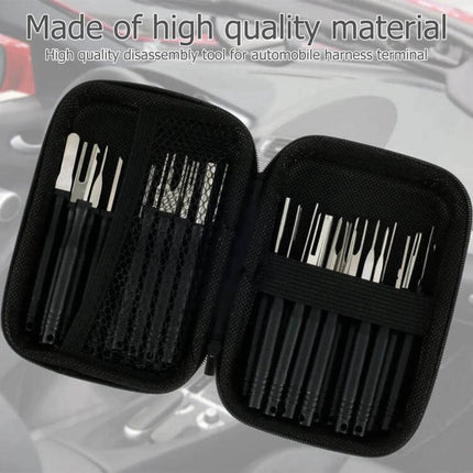 30-Piece Car Wire Harness Terminal Pin Removal Tool Set in zippered case showing various stainless steel terminal release picks for automotive wiring