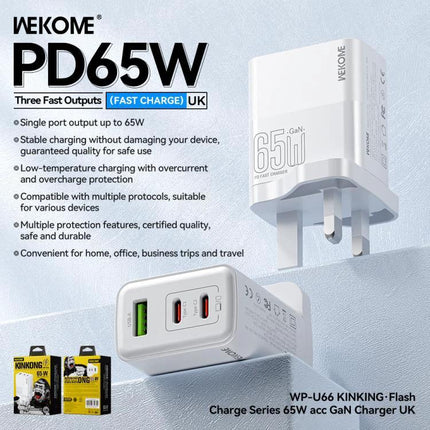 Kinkong Charger for Daily Device Powering at Home and Travel - 65W PD GaN wall charger with multiple fast outputs for phones, tablets, laptops