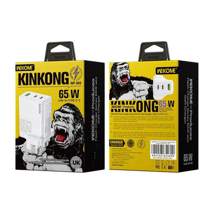 Kinkong Charger for Daily Device Powering at Home and Travel - 65W multiport USB-A and USB-C travel wall charger with gorilla graphic packaging