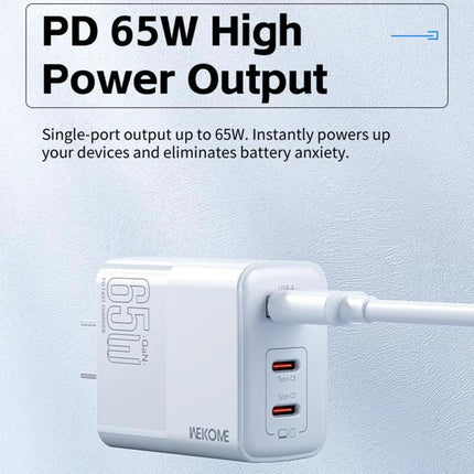 Kinkong Charger for Daily Device Powering at Home and Travel - white 65W PD dual-port wall charger with USB-C cables plugged in