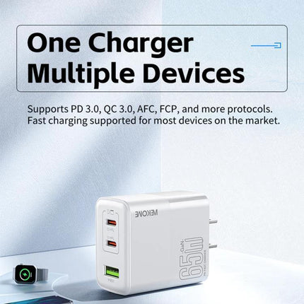 Kinkong Charger for Daily Device Powering at Home and Travel showing a compact 65W multi-port wall charger with USB-C and USB-A ports powering phone and smartwatch