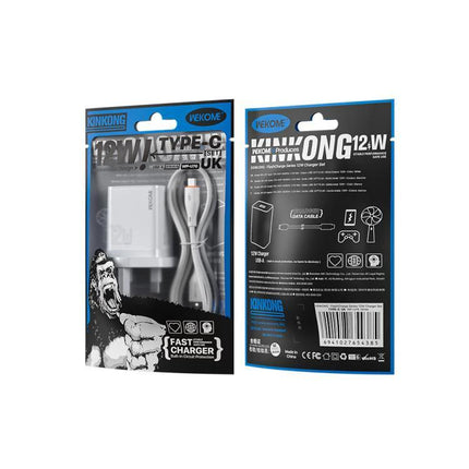 Kinkong USB Charger Set for Global Travel and Daily Use white USB wall charger and cable in retail packaging, front and back view