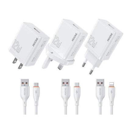 Kinkong USB Charger Set for Global Travel and Daily Use - white 12W travel adapters with USB cables for US UK EU outlets