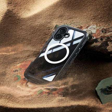Life Rugged Case For Everyday Phone Protection showing clear hard-armor case with built-in screen protector amid sand and dust