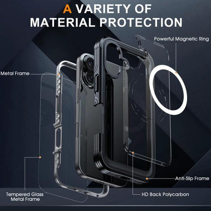 Life Rugged Case For Everyday Phone Protection showing exploded view of hard armor frame, built-in screen protector and magnetic ring
