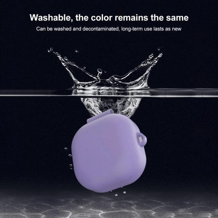 Samsung Galaxy Buds Live Silicone Case for Everyday Protection - washable purple soft silicone case showing water splash and quick charging access