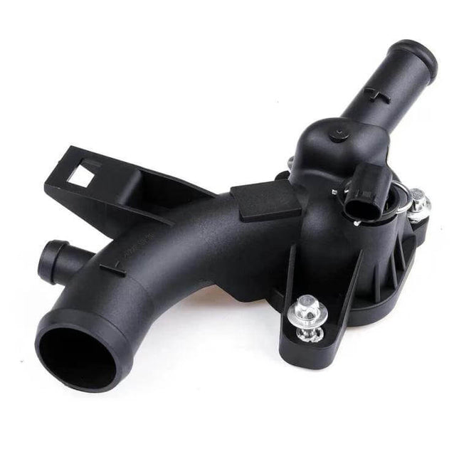 Opel Thermostat Housing Water Pump Outlet Direct Fit Replacement shown as black integrated thermostat housing and water outlet for Opel Adam Astra Corsa Meriva