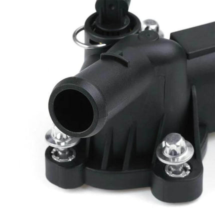 Opel Thermostat Housing Water Pump Outlet Direct Fit Replacement - close-up of black plastic housing with OE-style mounting and outlet