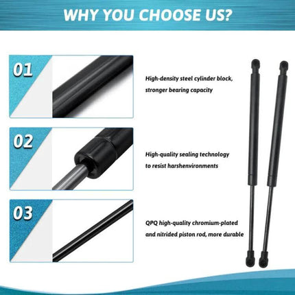 BMW E90 Trunk Lift Supports Two Pack Gas Struts Replacement – close-up of two black gas struts and feature callouts showing cylinder, seal, and piston rod