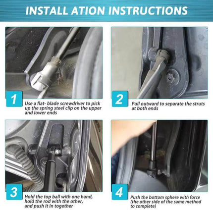 BMW E90 Trunk Lift Supports Two Pack Gas Struts Replacement - installation steps showing removing and installing gas struts on trunk
