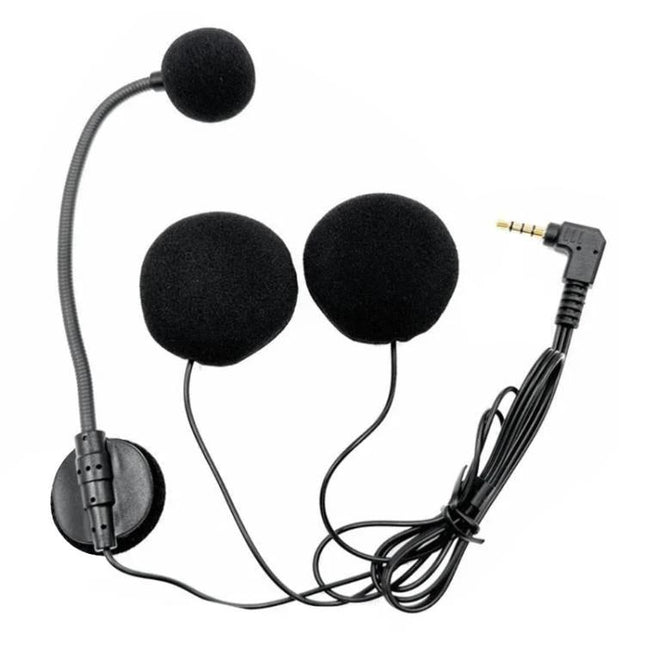 Motorcycle Half Helmet Intercom Headset with 3.5mm Mic shown with foam speakers, omnidirectional boom microphone and 3.5mm plug