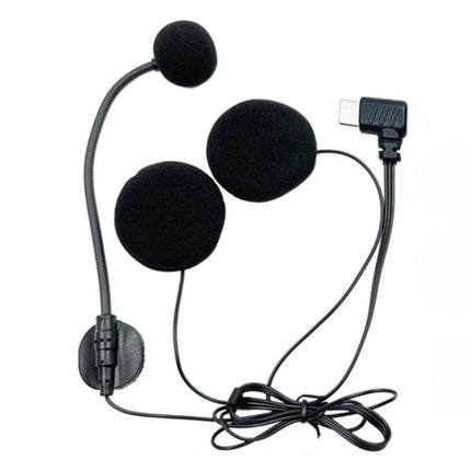 Type-C Intercom Headset with Microphone for Motorcycle Helmets shown with elbow Type-C plug and padded speakers for helmet communication