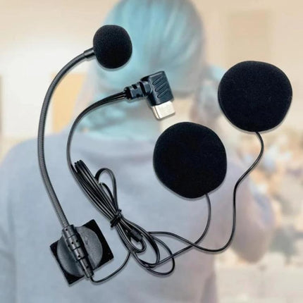 Type-C Intercom Headset with Microphone for Motorcycle Helmets shown with foam earbuds, flexible boom mic and Type-C elbow plug