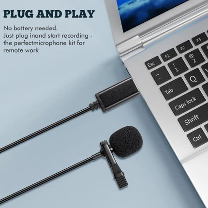 Lavalier Microphone for Everyday Video Calls and Recordings clipped on shirt beside USB plug-and-play connection to laptop