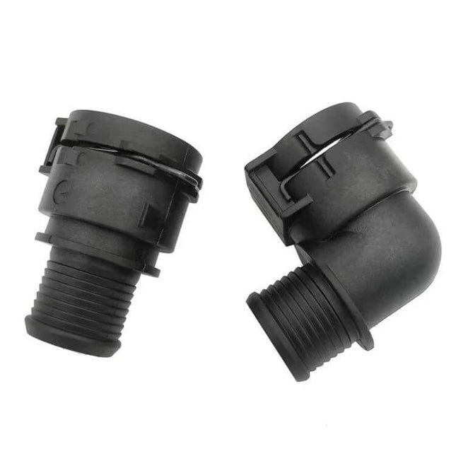 Car Heater Inlet Water Hose Connector Plug for Buick Encore - black wear-resistant plastic replacement heater inlet plug, elbow and straight views