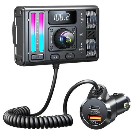 Car Bluetooth MP3 Player With FM Transmitter For In Car Music showing display, controls, USB-C PD20W and QC3.0 charger cable