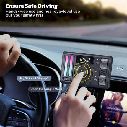 Car Bluetooth MP3 Player With FM Transmitter For In Car Music — hands-free FM transmitter and Bluetooth streaming mounted near driver