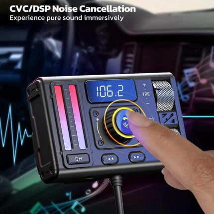 Car Bluetooth MP3 Player With FM Transmitter For In Car Music — fingertip control, 106.2 display, noise cancellation, USB/AUX hands-free streaming