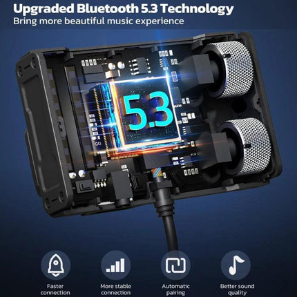 Car Bluetooth MP3 Player With FM Transmitter For In Car Music showing internal Bluetooth 5.3 chipset, dual knobs, and icons for faster connection and better sound quality