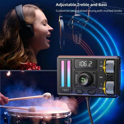 Car Bluetooth MP3 Player With FM Transmitter For In Car Music showing device display, treble/bass knobs, USB and AUX connectivity