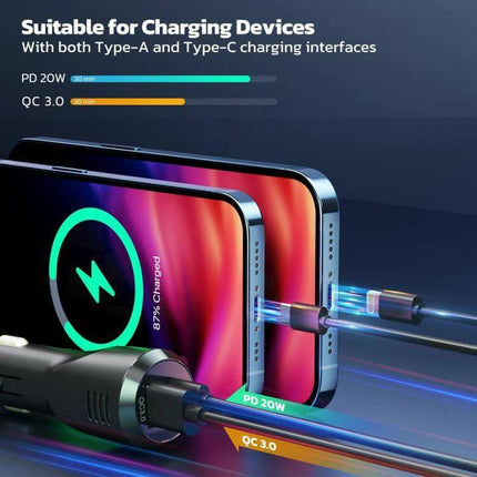 Car Bluetooth MP3 Player With FM Transmitter For In Car Music showing PD 20W and QC 3.0 charging ports powering two phones