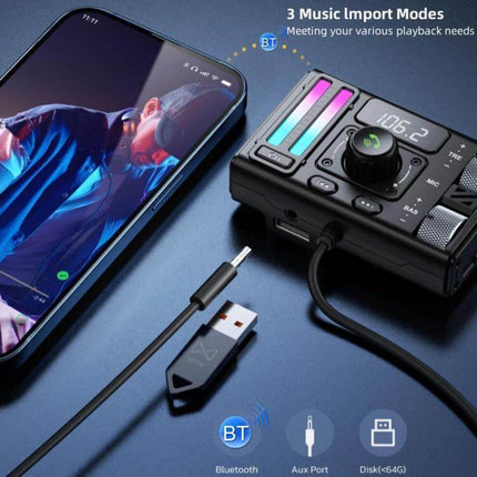 Car Bluetooth MP3 Player With FM Transmitter For In Car Music showing device connected to phone via Bluetooth with USB and AUX options