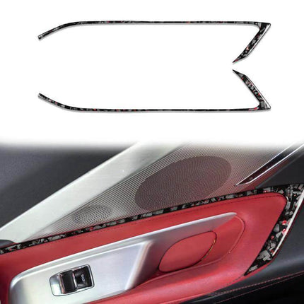 Gold Foil Carbon Fiber Door Sticker For Chevrolet Corvette installed on red leather Corvette door trim protecting edges and adding gold carbon fiber accent