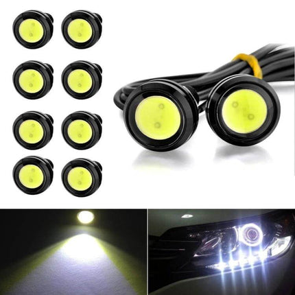 Hawkeye 23mm Motorcycle LED Light, Double Lens White compact 23×9×34mm motorcycle LED module shown in white beam and vehicle application