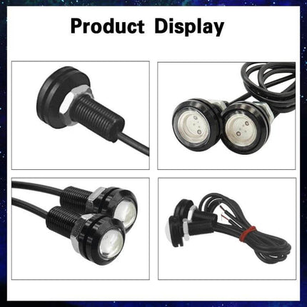 Hawkeye 23mm Motorcycle LED Light, Double Lens White compact weather‑sealed pair mounted on handlebars and forks, 120° beam, 23×9×34 mm