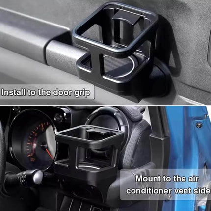 Car Air Outlet Water Cup Holder Accessory For Jimny installed on door grip and air conditioner vent side, black ABS cup holder for JB74/JB64