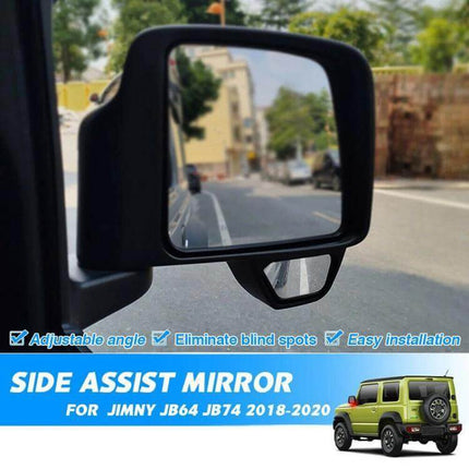 Wide-Angle Blind Spot Auxiliary Mirror for Suzuki Jimny JB74 and JB64 2018+ mounted on side mirror showing expanded field of view and reduced blind spots