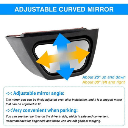 Wide-Angle Blind Spot Auxiliary Mirror for Suzuki Jimny JB74 and JB64 2018+ adjustable curved mirror showing angle range for improved parking visibility