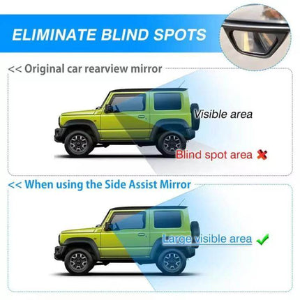 Wide-Angle Blind Spot Auxiliary Mirror for Suzuki Jimny JB74 and JB64 2018+ showing enlarged visible area vs original mirror to eliminate blind spots