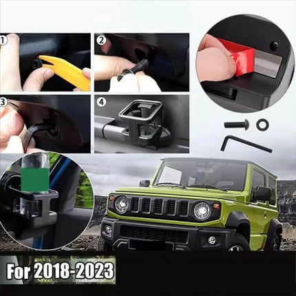 Water Cup Holder For Suzuki Jimny In Car Daily Use – compact ABS cup holder installation and finished look for 2018-2023 Jimny