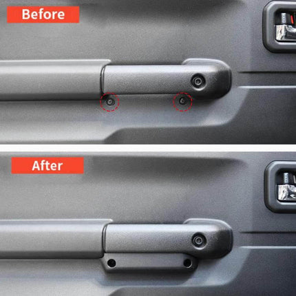 Door Storage Box For Suzuki Jimny Keeps Small Essentials Handy showing before-and-after door pocket installation reducing cockpit clutter