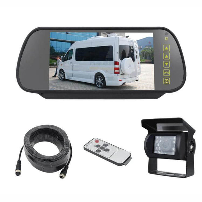 7-Inch Display Car Reversing Camera Monitor Kit for Vehicles showing clip-on rearview monitor, waterproof camera, cable and remote for parking assistance