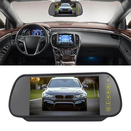 7-Inch Display Car Reversing Camera Monitor Kit for Vehicles shown as clip-on rearview mirror monitor displaying backing camera view