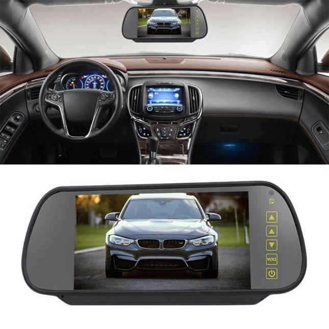 7-Inch Display Car Reversing Camera Monitor Kit for Vehicles shown as clip-on rearview mirror monitor displaying backing camera view