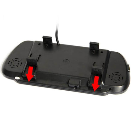 7-Inch Display Car Reversing Camera Monitor Kit for Vehicles showing clip-on rearview mirror monitor back with mounting clips and cable