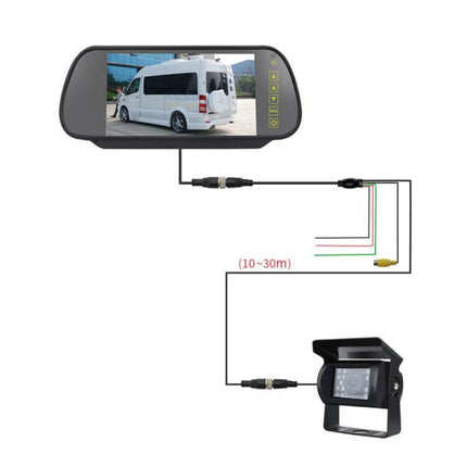 7-Inch Display Car Reversing Camera Monitor Kit for Vehicles showing clip-on mirror monitor connected to waterproof rear camera