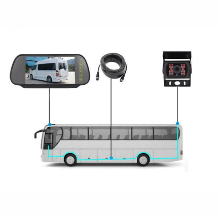 7-Inch Display Car Reversing Camera Monitor Kit for Vehicles showing mirror monitor, waterproof camera and cable installation on a bus