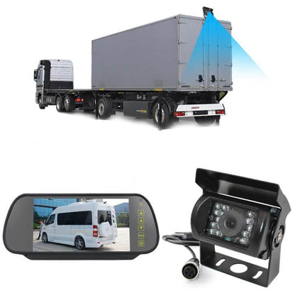 7-Inch Display Car Reversing Camera Monitor Kit for Vehicles showing clip-on mirror monitor and waterproof rear camera mounted on truck