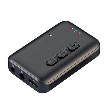 2-in-1 In-Car Bluetooth Audio Receiver And Transmitter With Aux compact black unit with 3.5mm RX/TX ports, control buttons and LED indicators