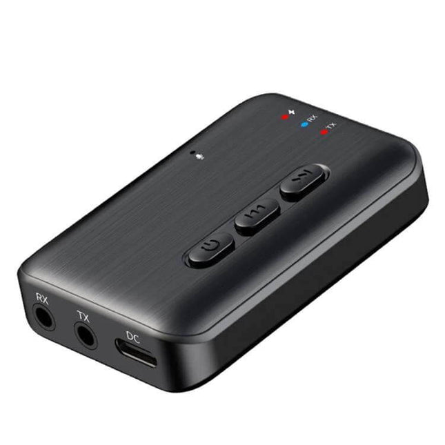 2-in-1 In-Car Bluetooth Audio Receiver And Transmitter With Aux compact black unit with RX TX AUX and control buttons for car, TV, and home audio