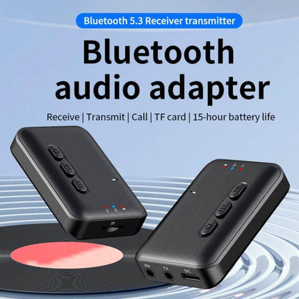 2-in-1 In-Car Bluetooth Audio Receiver And Transmitter With Aux shown as compact Bluetooth 5.3 audio adapter with AUX, RX/TX modes and 15-hour battery