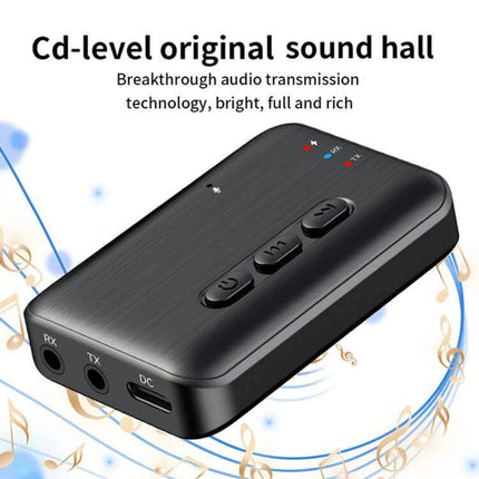 2-in-1 In-Car Bluetooth Audio Receiver And Transmitter With Aux sleek black unit showing RX TX aux and control buttons