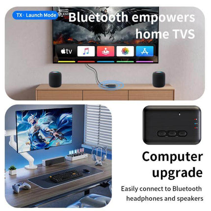2-in-1 In-Car Bluetooth Audio Receiver And Transmitter With Aux shown powering TV and computer Bluetooth speakers and headphones