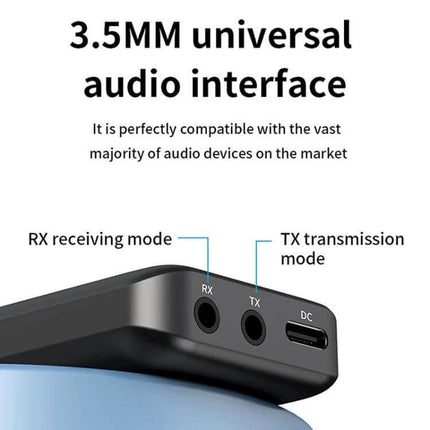 2-in-1 In-Car Bluetooth Audio Receiver And Transmitter With Aux showing 3.5mm RX and TX ports and DC charging port