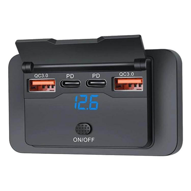 Car 4 Port USB Charger With Voltmeter For Vehicles Everyday Use - black compact car charger showing two QC3.0 and two PD ports with blue voltmeter display