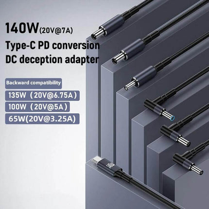 Durable 1.8 Meter Type-C to DC Laptop Charging Cable showing multiple DC tips, 1.8m braided cable and 140W fast charging compatibility
